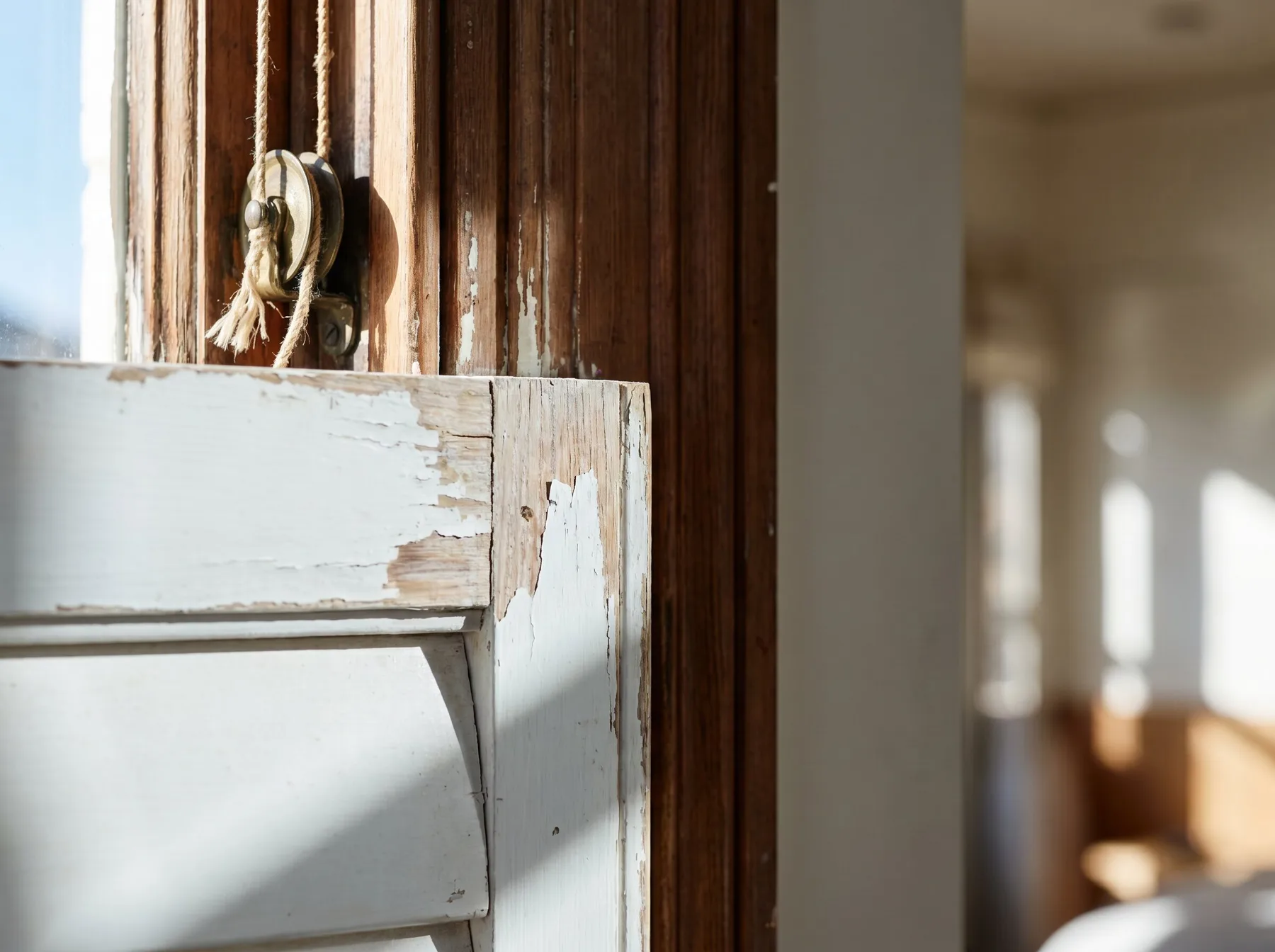 A sash cord pulley and layers of old paint where a shutter panel meets the original window joinery
