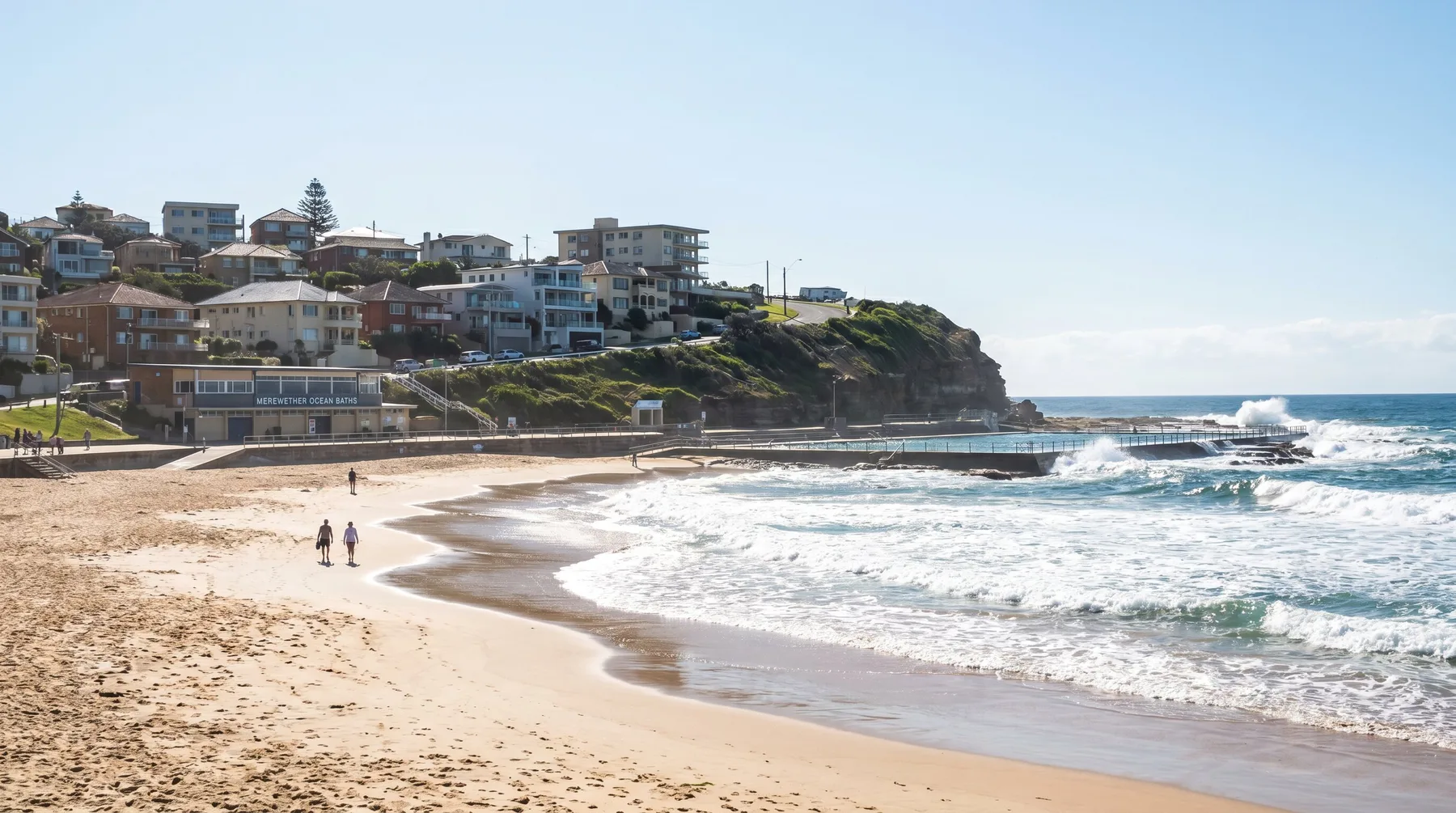 The Merewether coastline looking along the shore toward the ocean baths