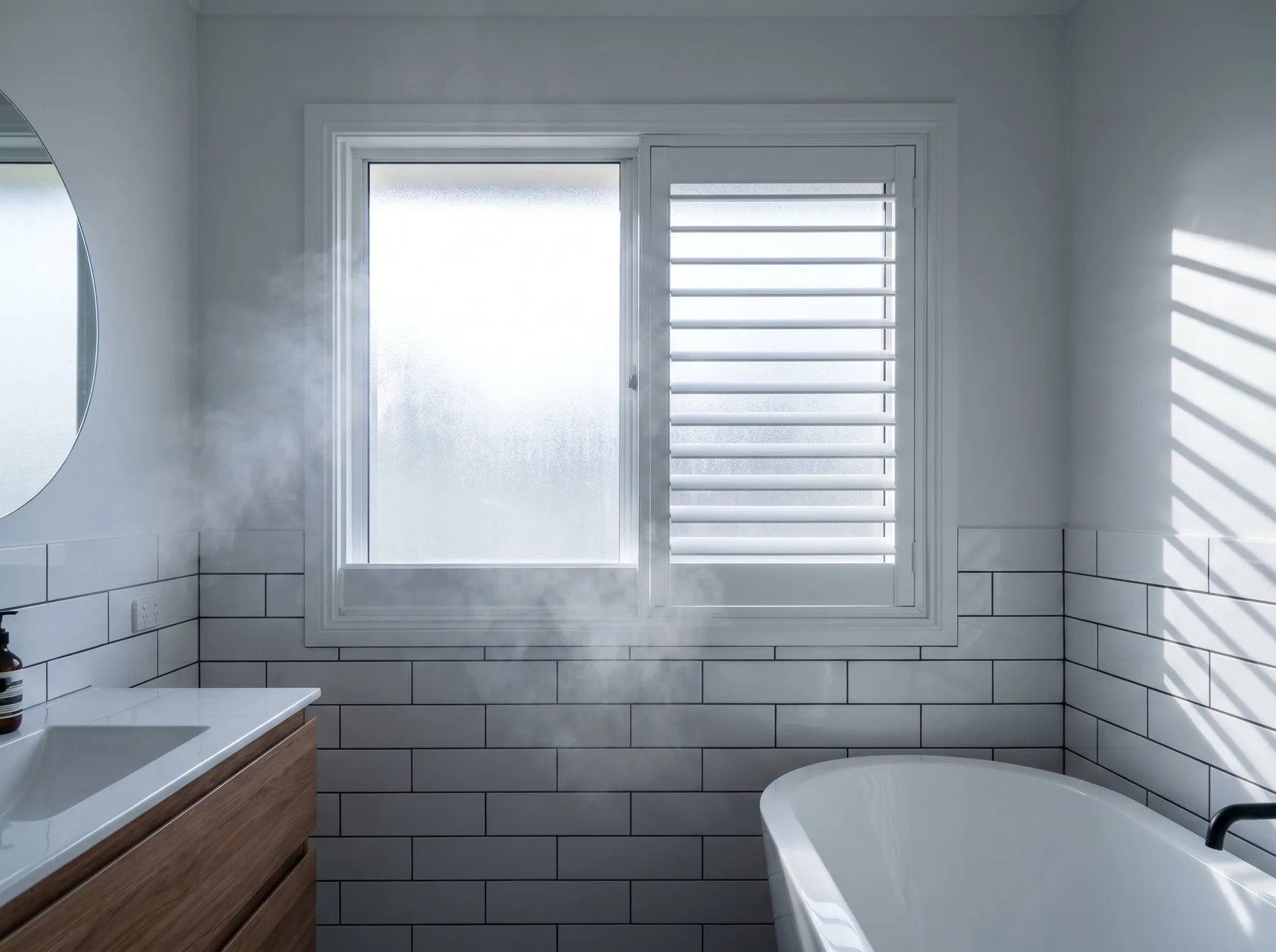 White PVC plantation shutters on a frosted bathroom window above subway tiles, steam in the air